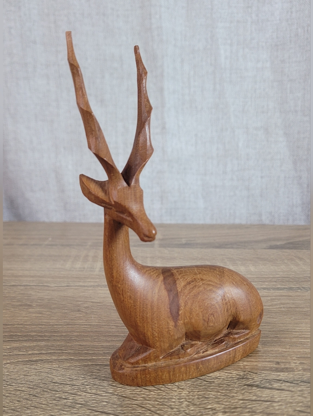 Hand-Carved Brown Wooden Gazelle/Antelope Sculpture - Home Art Accent